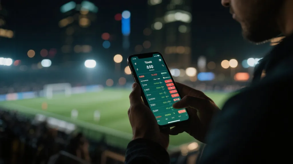 夜晚在手机上查看比赛统计与赔率提示