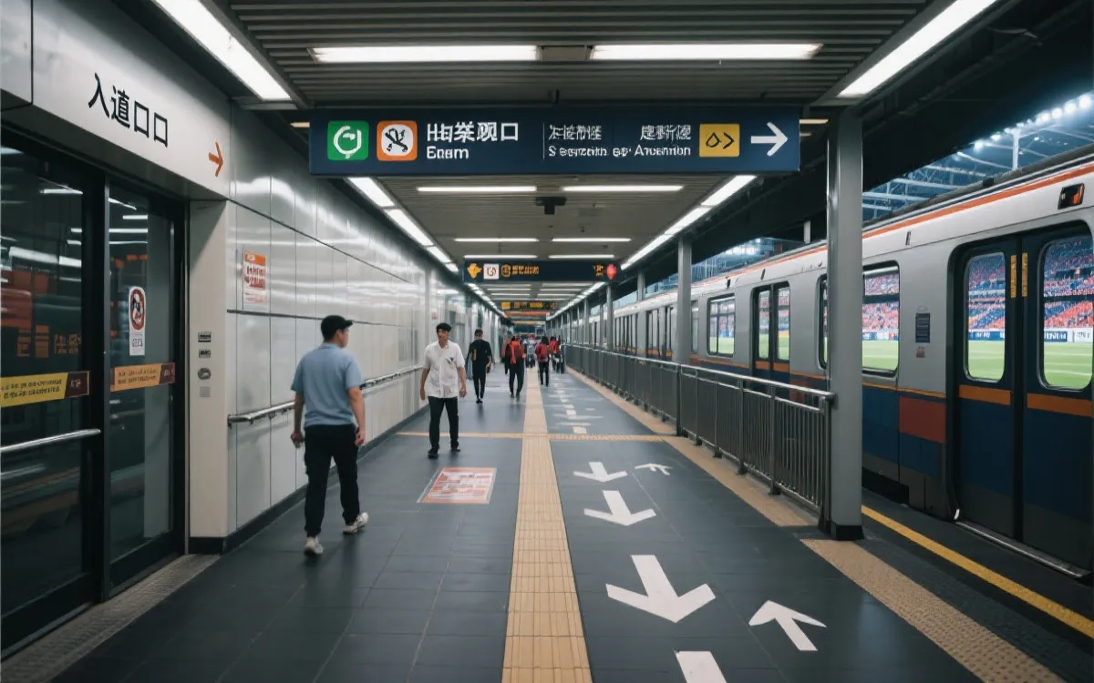 地铁站与球迷动线示意，体现轨道直达圈的选址思路